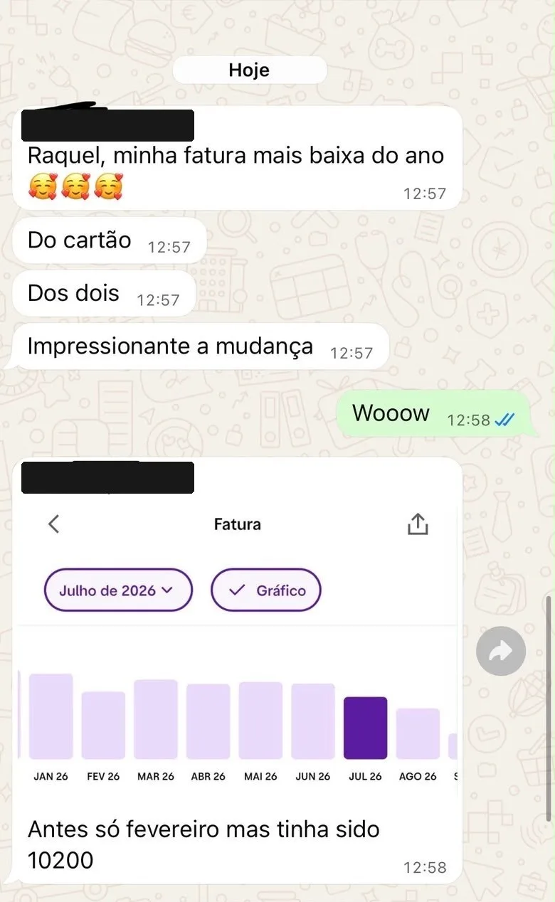 Print de conversa: “Raquel, minha fatura mais baixa do ano”, com o gráfico da fatura caindo